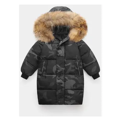 (black,camouflage, 150cm) Big Fur Collar Children&apos;s Down Jacket Boy&apos;s Cotton Coat Mid-