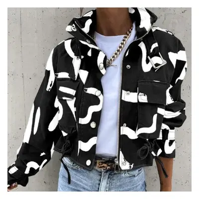 (white,black, XXL) Autumn Winter Women Geometric Jackets Tops Vintage Print Long Sleeve Button J