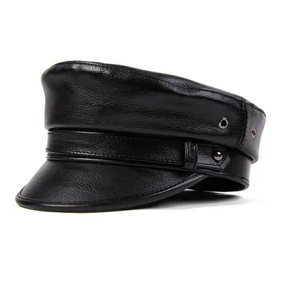 (black, XXL(59-60cm)) Efei Winter Menâs Genuine Leather Hat Male Flat Top Locomotive Retro Mil