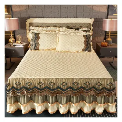 (beige, 180*220cm) Family Bedroom Princess Lace Quilted Bedspread Luxury Bedspread Skirt Lace Be