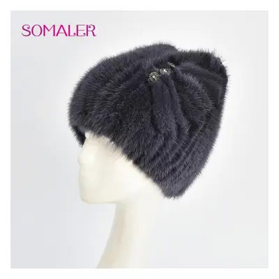 (dark grey) Somaler Winter Real Mink Fur Hats For Women Knitted Warm Wool Hats Girls Skull Beani