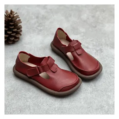 (red, 35) Johnature Genuine Leather Round Toe Retro Handmade Women Flats Shoes Soft Sole Comfort