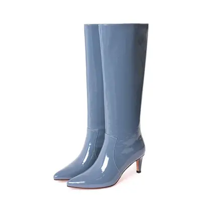 (blue, 37) Meotina Women Genuine Leather Knee High Boots Thin High Heel Pointed Toe Fashion Ladi