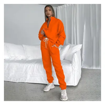 (orange, L) Autumn Winter Sweatsuit Solid Zip Stand Neck Pullover Long Sleeve Two-piece Pants Su