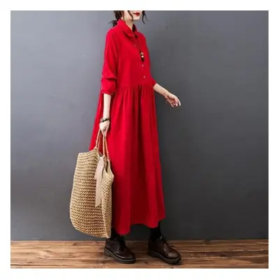 (red, XL) Autumn Women&apos;s Plus Size Casual Warm Corduroy Lapel Long Dress Blouse Top Women