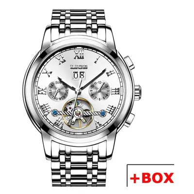 (Silver White) LIGE New Mechanical Men Watches Top Brand Luxury Business Watch Tourbillon Automa