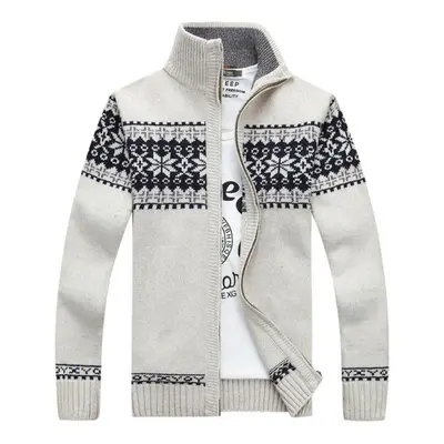 (beige, M) Autumn And Winter Sweater Men&apos;s Jacquard Slim-fit Stand-up Collar Sweater Trendy