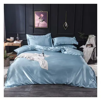 (blue, Twin Size pcs) Mulberry Silk Bedding Set With Duvet Cover Fitted/flat Bed Sheet Pillowcas