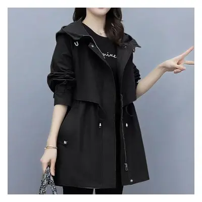 (black, S) Spring And Autumn Women&apos;s Mid-length Trench Coat Hooded Zipper Tie-in Jackets Br