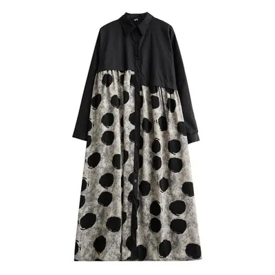 (black, One Size) Xitao Casual Loose Patchwork Full Sleeve Print Dress Dmj2095