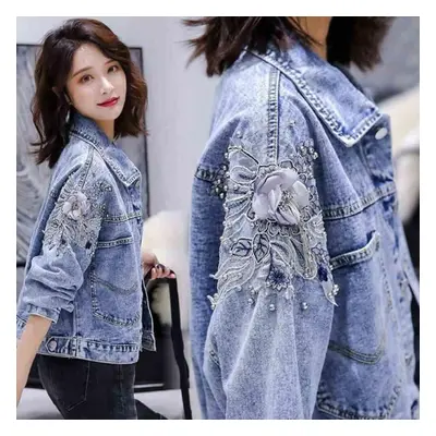 (light blue, L) Women&apos;s Denim Spring And Autumn Loose Nail Bead Denim Casual Coat Fashion E