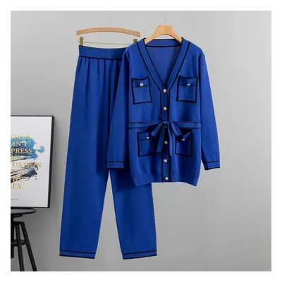 (blue, S) Autumn And Winter Women&apos;s Knitted Suit Cardigan Wide Leg Pants Suit Temperament F