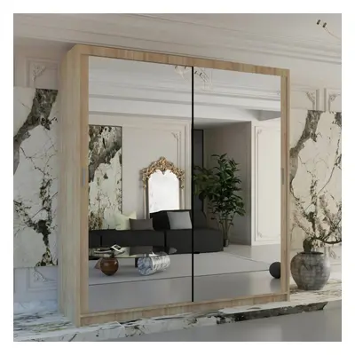 (180, Oak ) Chicago Sliding Double Mirror Door Wardrobe