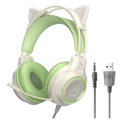 (Green) Gaming headset with detachable cat ears, 3.5mm wired headset with adjustable microphone,