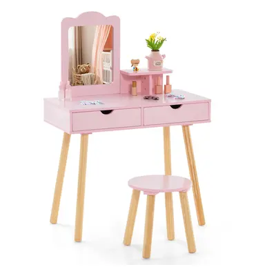 Toddler Children Dressing Table & Chair Set w/ Mirror & Drawers Vanity Makeup Table Set