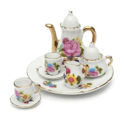 8pcs Porcelain Vintage Tea Sets Teapot Coffee Retro Floral Cups Doll House Decor Toy