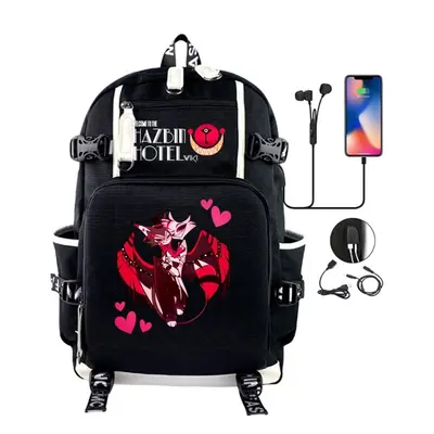 Anime Hazbin Hotel USB Backpack Students Schoolbag Causal Black Shoulder Bags-as the picture