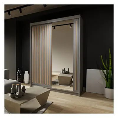 (Grey , 150cm) Modern Royal Sliding Mirror Door Wardrobe