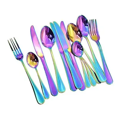 EVERGD Rainbow Cutlery Set, 16-Pieces Stainless Steel Tableware Set Colorful Romantic Dinner Set