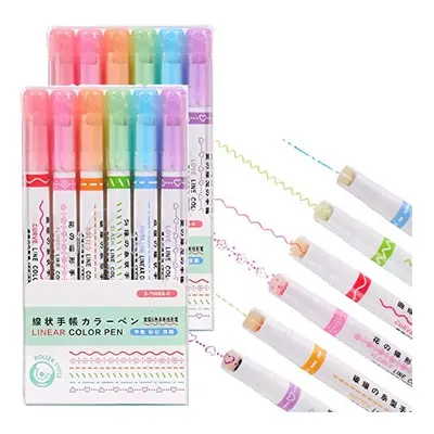 12PCS Curve Highlighter Pen Set, Flair Pens That Make Patterns, Dual Tip Highlighters with Diffe