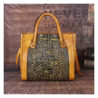 (yellow) Johnature Retro Genuine Leather Handmade Women Bag First Layer Cowhide Large Capacity H