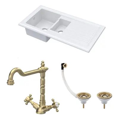 Fireclay Kitchen Bundle - 1.5 Bowl Sink & Drainer, Waste & French Classic Tap, 1010mm - Brushed 