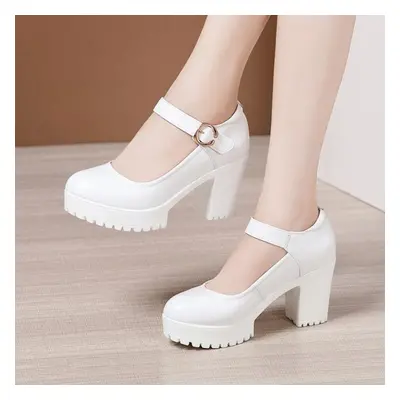 (white, 40) 8cm Spring Autumn Casual High-heeled Shoes Sexy Thick-heeled Leather Work Shoes Wome