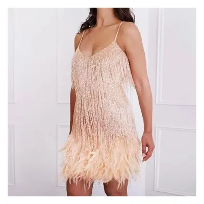 (beige, M) Sexy Tassel Sequins Feather Mini Dress Women Spaghetti Strap Stitching Dresses Female