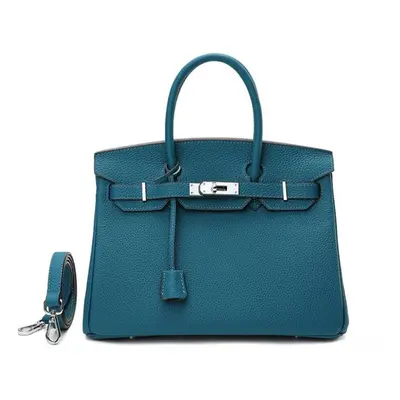 (blue, 30cm) New Silver Button Litchi Pattern Head Layer Cowhide Platinum Bag Handheld Platinum 