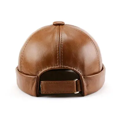 (light brown, XL(58-61cm)) Men Genuine Leather Skullcap, Sailor Cap Hat Beanie Rolled Cuff Retro