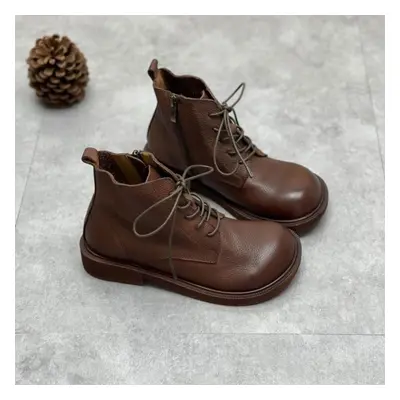 (coffee, 36) Johnature Genuine Leather Winter Boots Women Shoes Zip Round Toe Flat With Handmade