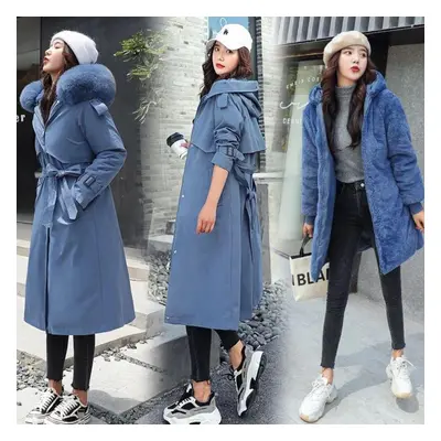 (blue, XXXL) Women Winter Jacket Hooded X-long Thick Faux Fur Padded Parkas Woman Distachable Pl