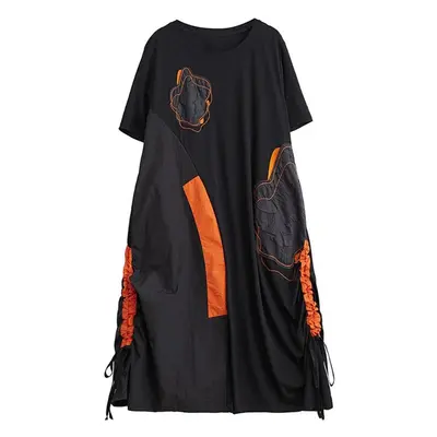 (black, One Size) Xitao Patchwork Draw String Dress O-neck Pullover Casual Fashion All Match Wld