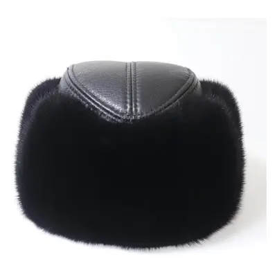 (black, 55cm-56cm) Men Winter Outdoor Keep Warm Real Mink Fur Bomber Hat 100% Natural Sheepskin 