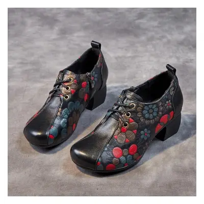 (black, 39) Johnature Printed Women&apos;s Shoes Genuine Leather Retro Ethnic Style Round Toe Th