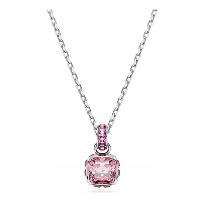 Birthstone Rhodium Plated Pink Square Cut October Pendant