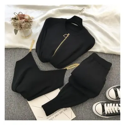 (black, S) 3pcs/set Knitted Sweater Suit Casual Chain Vest Knitted Jacket + Elastic Pants Three-