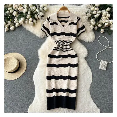 (beige, One Size) Short Sleeves Striped Long Dress Lapel Neck Hollow Out Slim Bodycon Sundress F