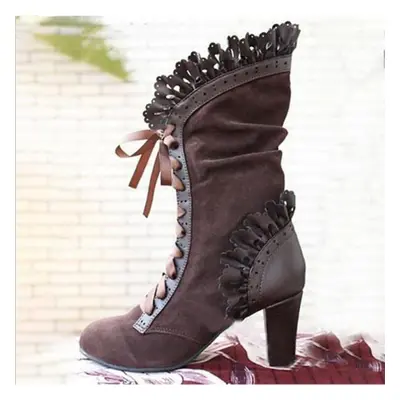 (brown, 35) Women Square High Heel Boots Women Sexy Flock Leather Boots Autumn Winter Vintage La