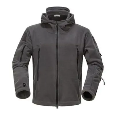 (grey, M) Military Fleece Tactical Jacket Men Thermal Outdoors Warm Hooded Coat Softshell Hike O