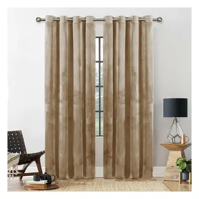 (BEIGE, 90X90) THICK VELVET CURTAINS PAIR OF EYELET RING TOP SOFT