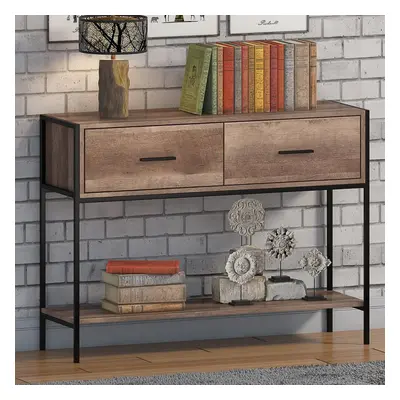 FWStyle Loft Industrial Oak Effect Console Hall Table Drawers and a Shelf