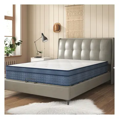 Single Mattress, Memory Foam Mattress in a Box, Pocketed Springs, Medium Firm, Blue White, 90x19