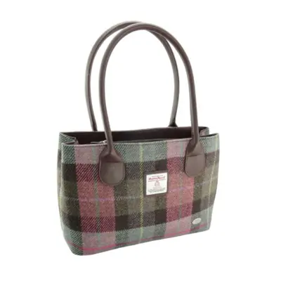 Muted Green And Rose Pink Tartan Harris Tweed Cassley Ladies Grab Tote Handbag