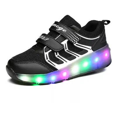 (Black with Wheels, UK 3/36/23.1 CM) Boys Girls Kids LED Wheel Trainers Kids Flash Roller Skate 