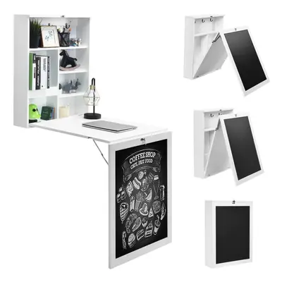 Folding Table Wall Mounted Desk W/ Storage Shelves & Blackboard