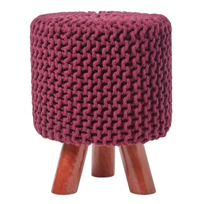 (Purple) Tall Knitted Cotton Footstool with Tripod Wooden Legs