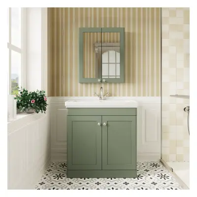 Traditional Floor Standing Door Vanity Unit with Tap Hole Fireclay Basin, 800mm - Satin Green