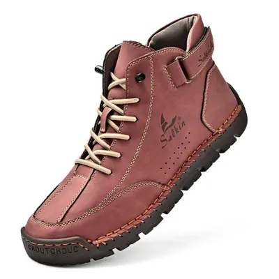 (red, 42) Handmade Split Leather Boots Men Shoes Comfortable Ankle Boots For Men Casual Shoes La