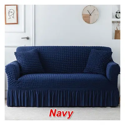 (navy blue, Three people 190-230cm) Ruffled Seersucker Sofa Cover For Living Room Thick Elastic 